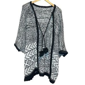 Aerie Open Front Patterned Poncho with Pom Poms One Size